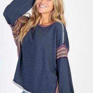Natural Life Blue Bohemian Sweatshirt, Knit-Trim Detail, S/M